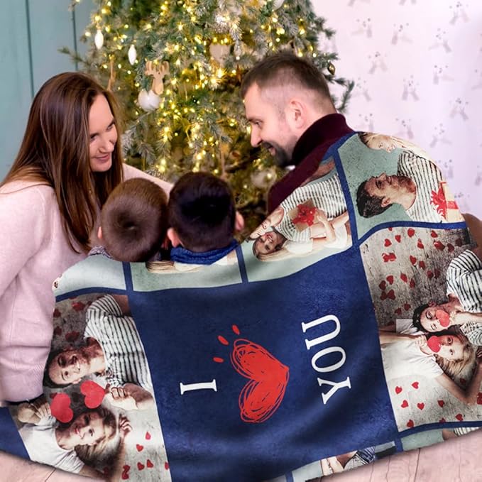 Custom Sherpa Fleece Blanket with Photos Text - Soft, Warm, Fuzzy Personalized Couples Gifts for Boyfriend, Girlfriend - Customized Picture Blanket for Birthday, Anniversary, Christmas