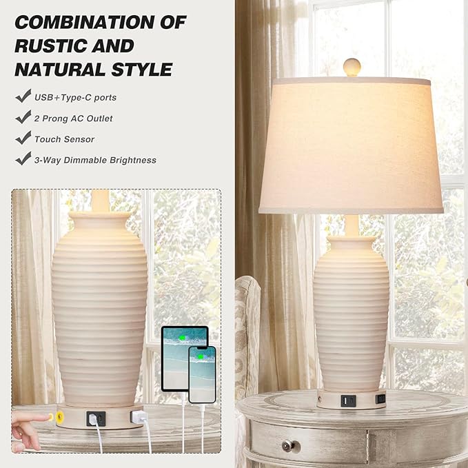25" Farmhouse Jar Table Lamps, 3 Way Touch Control Rustic Bedside Lamps with USB A+C Ports & AC Outlet, Pot Nightstand Lamps for Bedroom Living Room (LED Bulbs Included)