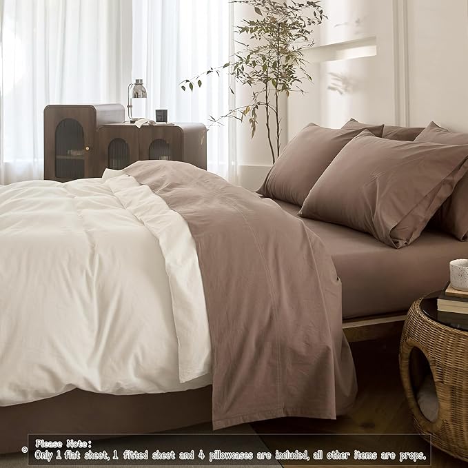 6PS Linen Like Bedding Sheet Sets Light Chocolate Brown Cotton Bedding Set Oeko-TEX Standard 100% Washed Cotton Deep Pocket King Size Fitted Sheet Plus Cozy Flat Sheet and 4 Pillowcases