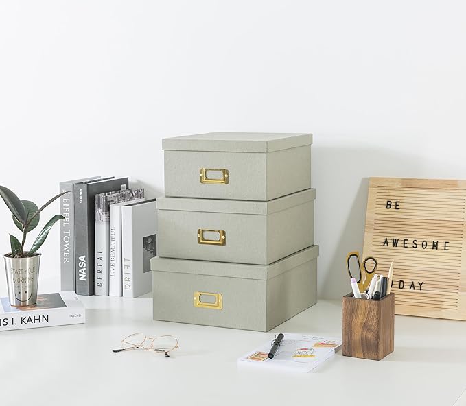 Soul & Lane Gray Kraft Paper Boxes for Storage, Set of 3 Square Stacking Boxes with Lids and Gold Label Holders, Decorative Cardboard Photo Storage for Decor and Organizing