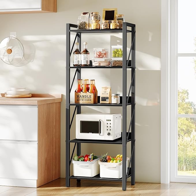 HOOBRO Bookshelf, 5-Tier Industrial Bookcase, Book Shelf Storage Organizer, Tall Bookshelf with Metal Frame for Living Room, Bedroom, Home Office, Kitchen, Black BB73SJ01