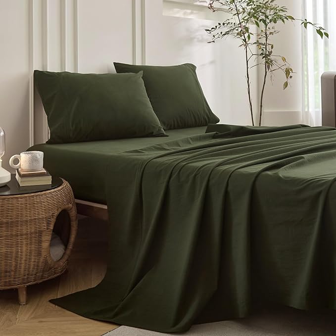 6PS Linen Like Bedding Sheet Sets Olive Green Queen Size Cotton Bedding Set Oeko-TEX Standard 100% Washed Cotton Deep Pocket Queen Size Fitted Sheet Plus Cozy Flat Sheet and 4 Pillowcases