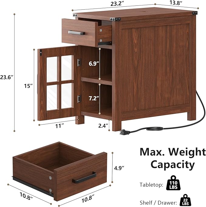 Farmhouse End Table with Charging Station and 1 Storage Cabinet, 1 Drawer, Cherry Wood Nightstand Narrow, Skinny Side Table, Slim Bedside Table, Small Nightstand for Bedroom, Living Room, Sofa