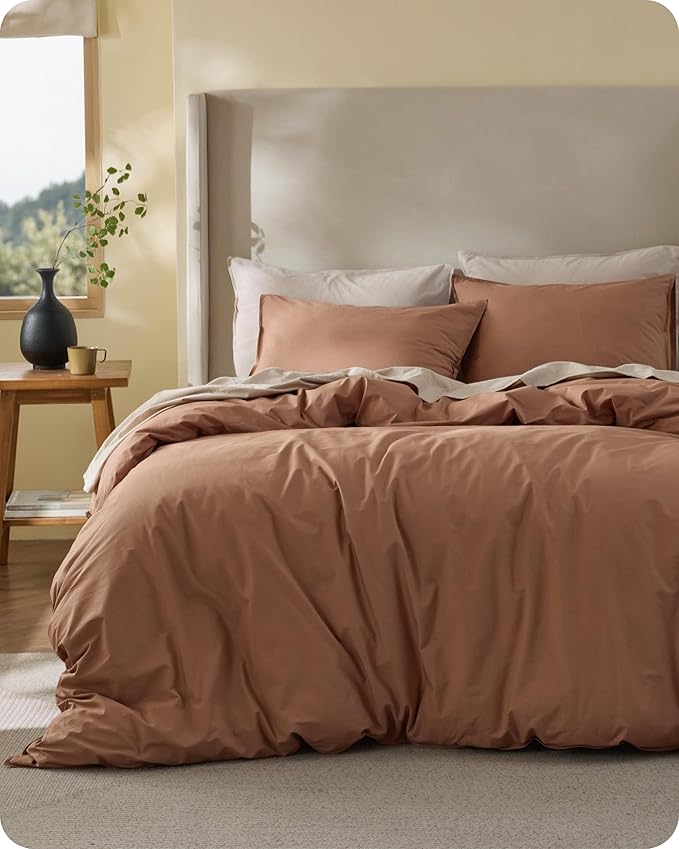 Bedsure Cotton Duvet Cover Full - Luxury Slub Weave 100% Cotton Duvet Cover Set with a Linen Like Textured, Easy Change Durable Bedding Set 3 Pieces, Mocha Mousse, 80" x 90"