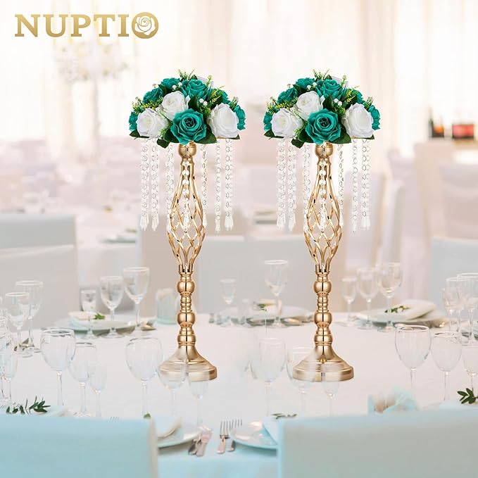 NUPTIO Flower Wedding Centrepieces for Tables - 10 Pcs 9.5in Diameter Teal & White Artificial Flowers Rose Ball for Centerpieces Table - Fake Rose Arrangements for Weddings Birthday Party Decorations