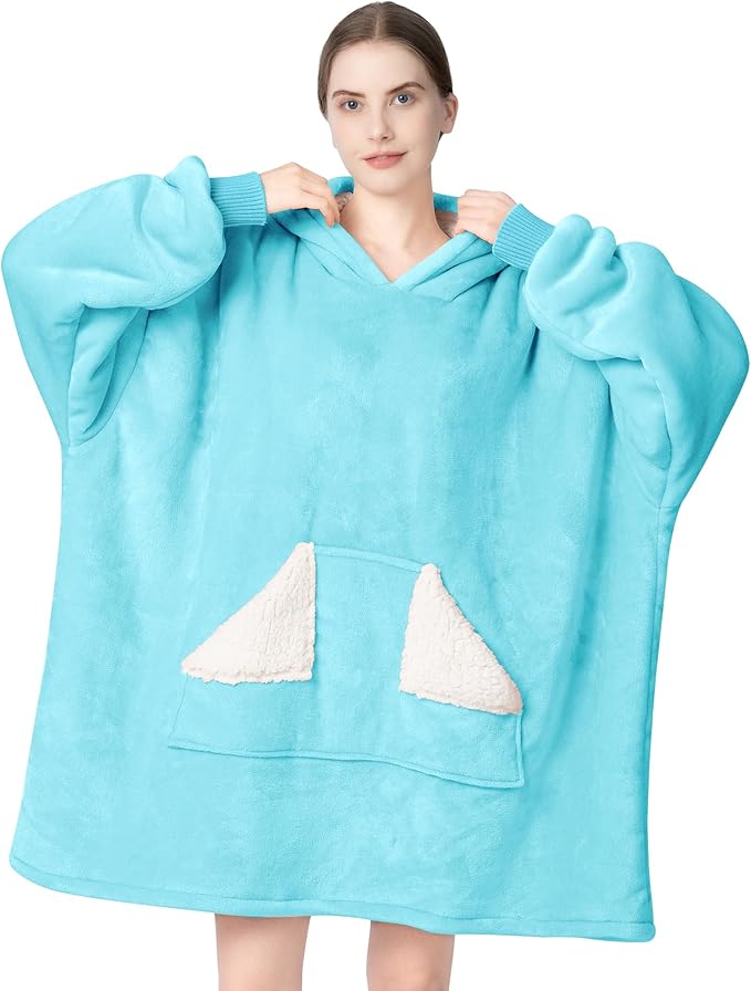 Touchat Wearable Blanket Hoodie, Oversized Sherpa Blanket Sweatshirt with Hood Pocket and Sleeves, Super Soft Warm Plush Hooded Blanket for Adult Women Men, One Size Fits All (Teal)