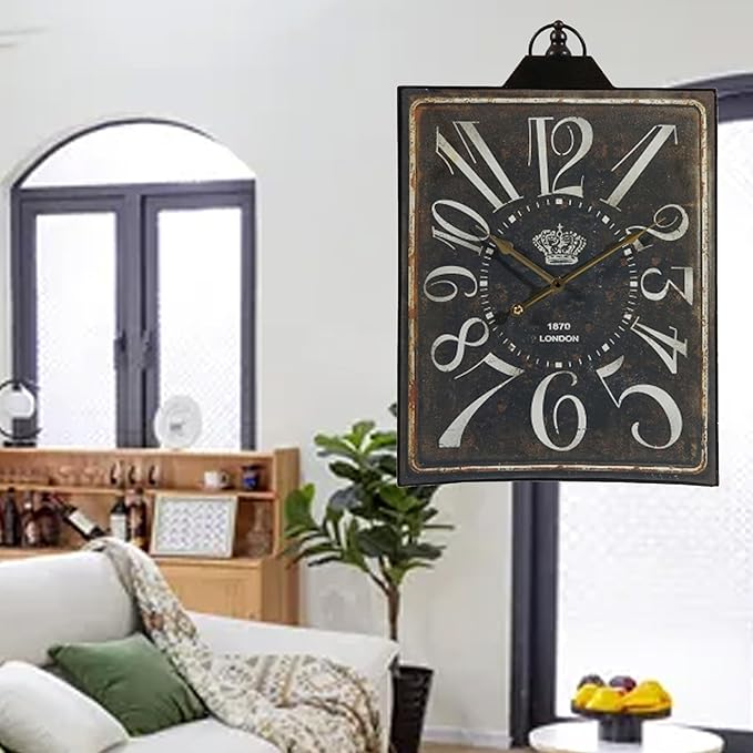 Vintage Bronze Metal Wall Clock, Large Retro Wall Decor Rectangular Silent Non Ticking Clock for Living Room Decor, Kitchen, Bedroom, Study Decoration, Handmade Home Gift Idea