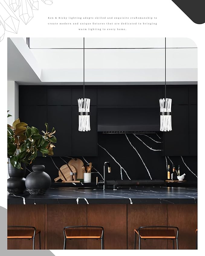 Ken & Ricky Crystal Pendant Light, Modern Black Pendant Light, Adjustable Island Lights for Kitchen Hallway Bathroom Bedroom, Two Style Options, KR3356-1PK