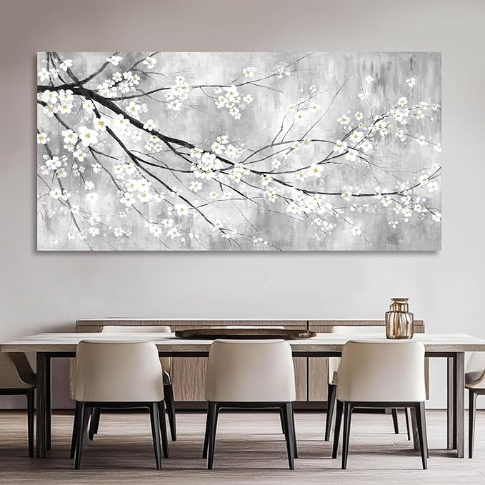 MLART99 White Canvas Wall Art Plant Pictures Decoration 29"x58" Canvas Pictures for Bedroom Living Room Office Kitchen Decoration