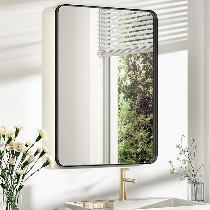 Bathroom Mirror 22x30 inch, Rustproof Aluminum Metal Framed Mirror for Wall, Matte Black Bathroom Vanity Mirror, Shatterppoof Mirror, Living Room, Hanging or Leaning Horizontal or Vertical