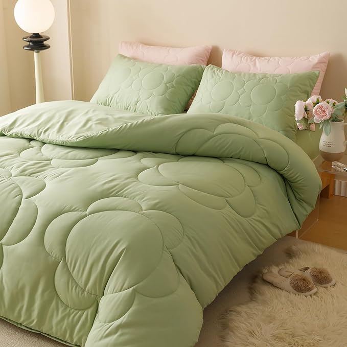 Luxlovery Sunflower Sage Green Comforter Set Full Light Green Quilts Big Flowers Bedding Comforter Set Botanical Farmhouse Soft Breathable Bohemian Comforter Women Girls