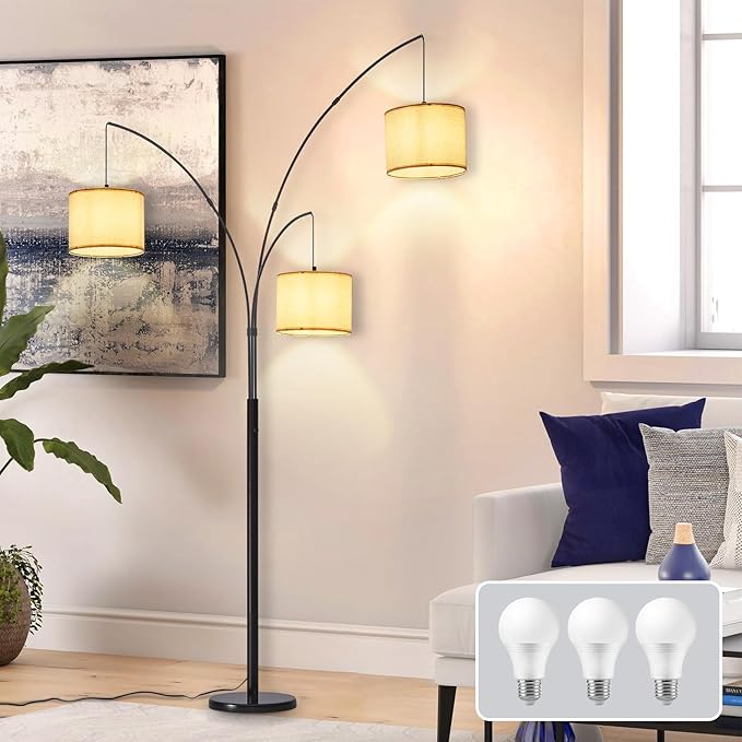 DLLT Modern Floor Lamp for Room: 3-Light Black Tree Dimmable Floor Lamps with Beige Shades for Living Room - Arc Standing Lamp for Bedroom - Tall Floor Lamp for Office Corner 3 LED Bulbs Included