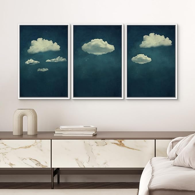 SIGNWIN 3 Piece Framed Canvas Wall Art A Series of White Clouds in The Blue Sky Nature Wilderness Illustrations Abstract Traditional Home Artwork Decoration for Living Room,Bedroom - 16"x24"x3 White