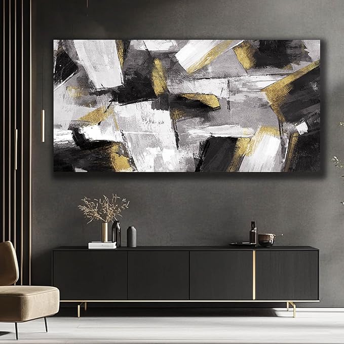 SOUGUAN Abstract Wall Decor Gold Canvas Wall Art for Living Room Modern Canvas Prints pictures for Wall Black And White Artwork for Home Hotel Decoration 24x48 Inch