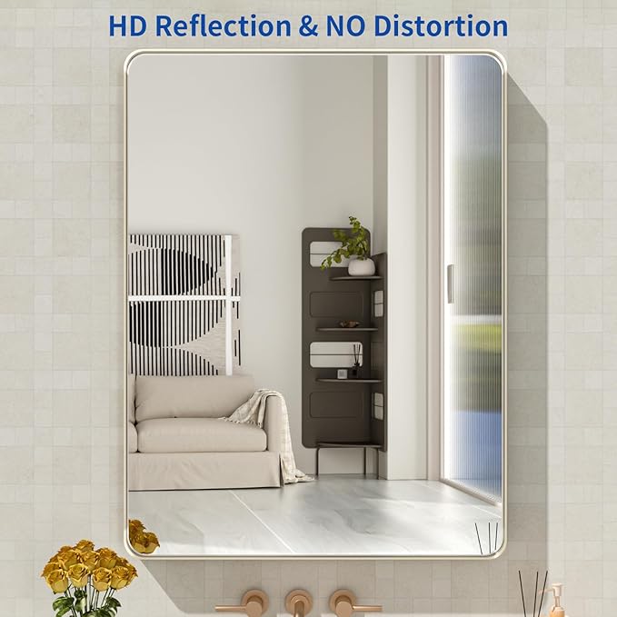 WEER 24X32 Inch Brushed Nickel Bathroom Mirror, Brushed Silver Metal Frame Mirror, Rounded Rectangle Silver Bathroom Vanity Mirror, Tempered Glass, Anti-Rust, Hangs Horizontally or Vertically