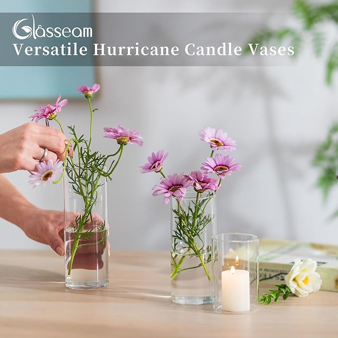 Glasseam Clear Cylinder Vases Set, 24Pcs Glass Vases for Centerpieces Bulk, Modern 2" Floating Candle Centerpieces for Decor, Hurricane Candle Holders for Wedding Table Decorations, Tall 4"+6"+8"