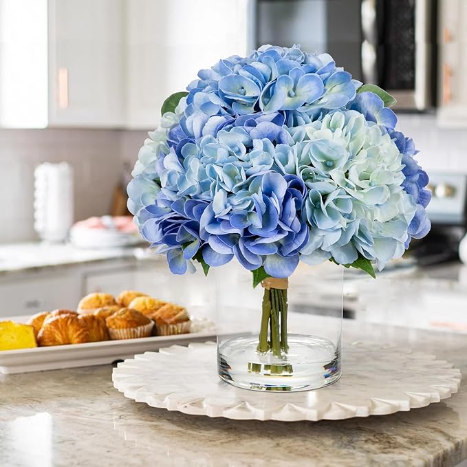 Hollyone Blue Hydrangea Artificial Flowers in Vase Latex Real Touch Large Faux Hydrangea Flowers Arrangements Hydrangeas Fake Flower with Glass Vase with Faux Water for Table Centerpiece Home Decor ﻿