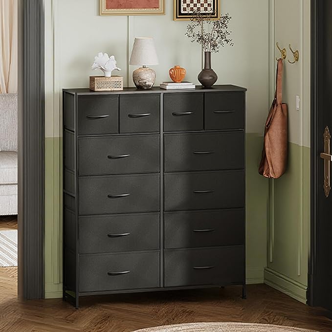 WLIVE Storage Organizer Unit with 12 Fabric Bins, Storage Drawers Organizer with Steel Frame, Tall Storage Tower Organizaton for Living Room, Hallway, Office, Charcoal Black
