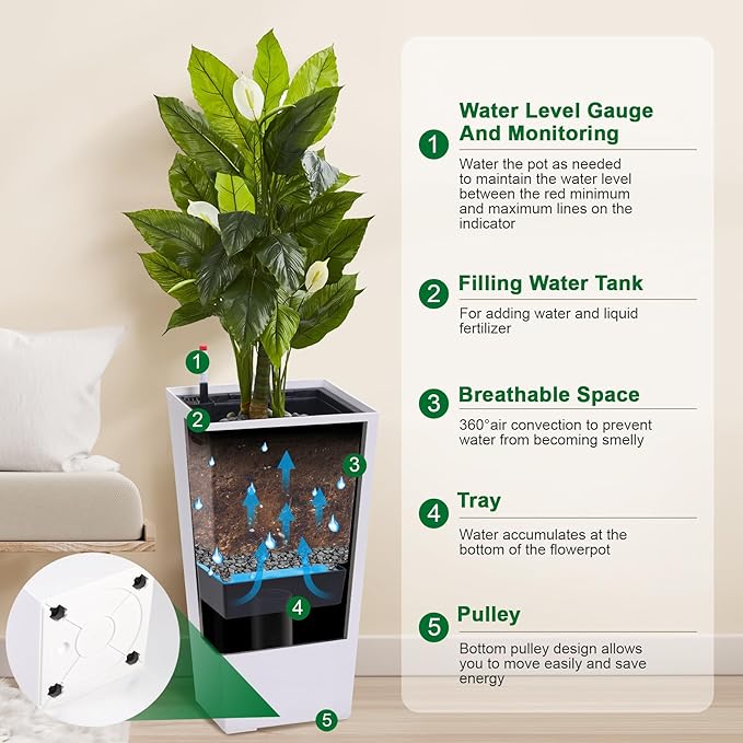 GAOMON 30" Tall Planter Set of 2,Heavy Duty Tall Planter,High Front Porch Planter Pots with Drainage Holes＆Water Level Monitor＆Inner Bucket, Automatic Watering,Indoor/Outdoor Grande Plant,Tree,White…