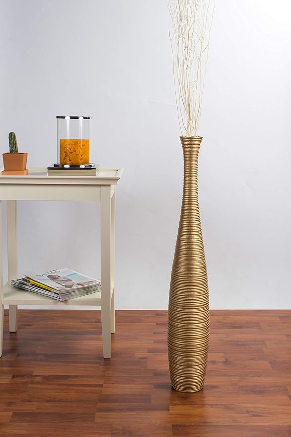 Leewadee Large Gold Home Decor Floor Vase – Wooden 26 inches Tall Farmhouse Decor Flower Holder for Fake Plant and Pampas Grass