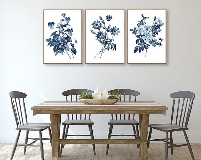 Large Framed Canvas Wall Art - Natural Float Framed Indigo Flowers Picturtes for Living Room Decor Retro Blue Floral Botanical Artwork Plants for Bedroom Kitchen Home Office Decor 60" X 28" Set of 3
