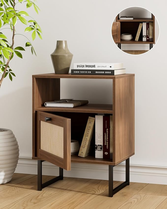 Rattan Nightstand, Boho Night Stand Farmhouse Wood Bedside Table with Storage and Open Shelf, End Side Accent Table for Bedroom,Living Room,Walnut