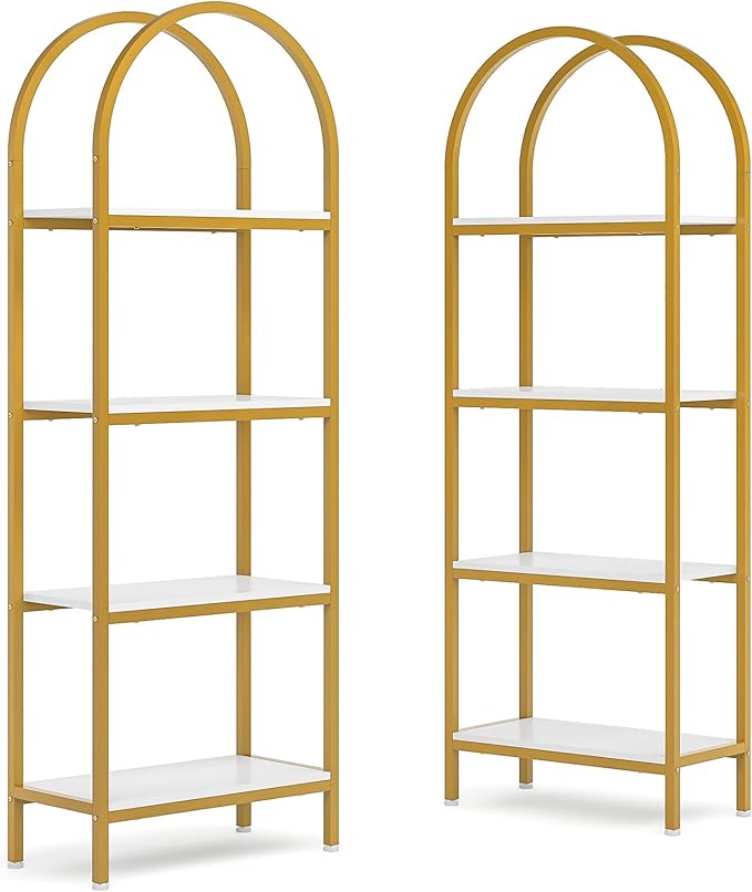 Tribesigns 4-Tier Open Bookshelf Set of 2, 70.8" Modern Wood Bookcase Storage Shelves with Metal Frame, Freestanding Display Rack Tall Shelving Unit for Bedroom, Living Room (White and Gold, 2PCS)