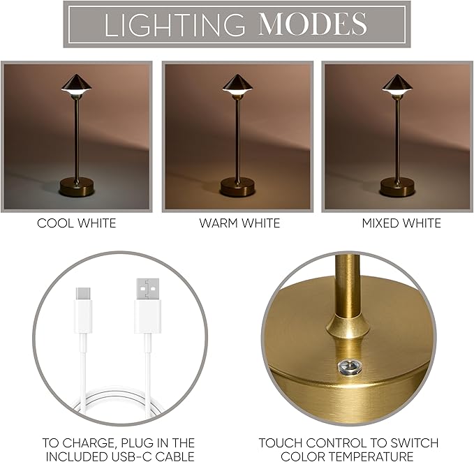 Camden Reed Table Lamp, Desk lamp, 3 Different Lighting Modes, Modern Minimal Design for Dinner/Coffee Table/Restaurant/Bedroom, Cone Gold