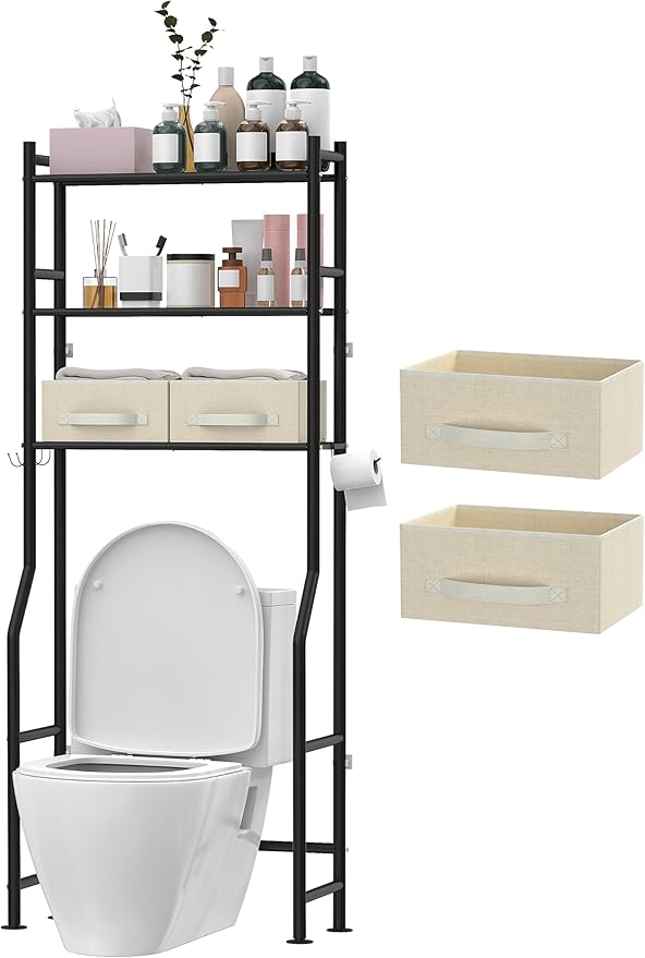 3 Tier Over The Toilet Storage Rack with 2 Basket, Metal Freestanding Bathroom Shelves Toilet with Paper Holder and 4 Hooks, Over Toilet Storage Shelf for Bathroom Storage, Black