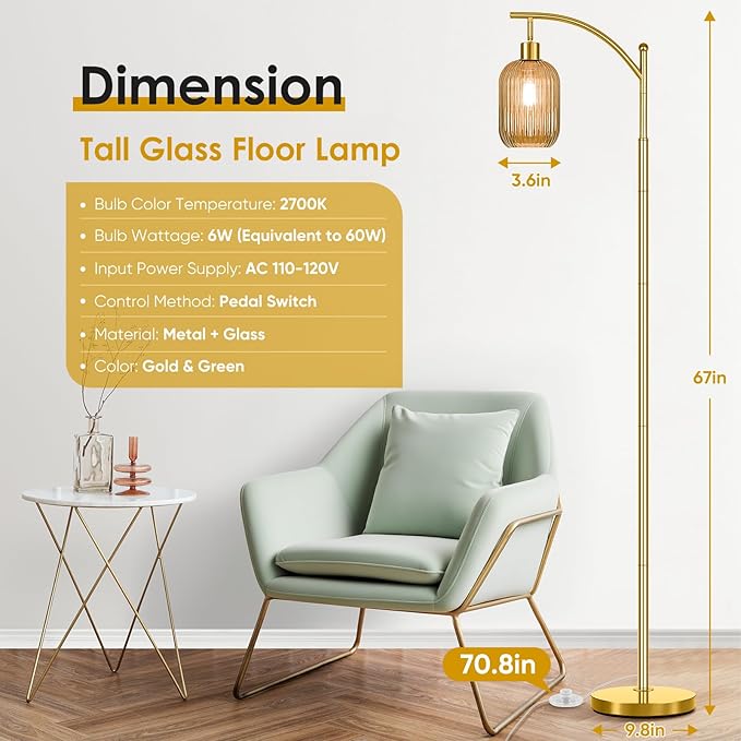 Glass Floor Lamp for Living Room, Modern Gold Standing Lamp with Ribbed Glass Lampshade Pedal Switch, 67” Tall Lamp for Bedroom Study Room