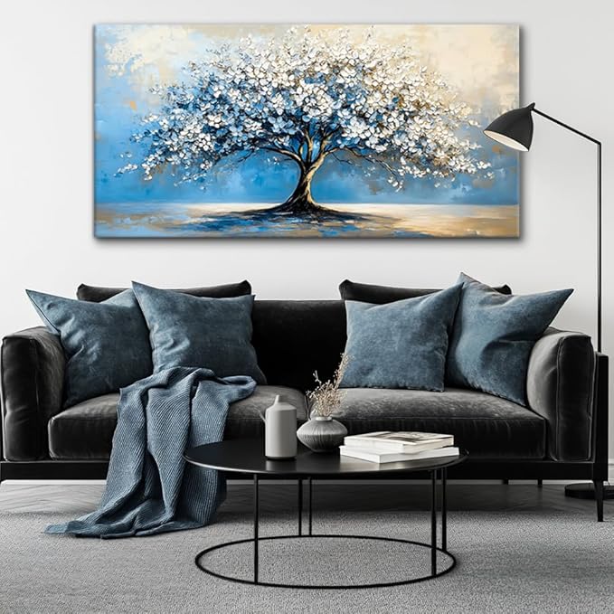 Contemporary Tree of Life Wall Art for Living Room Office Navy Blue White Floral Canvas Painting Prints Nature Artwork over the Couch Bedroom Decor (20x40 Inches)