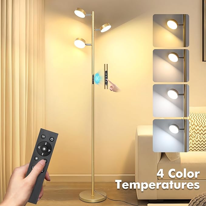 Gold Floor Lamp for Living Room with Remote Modern Tall Standing Lamp Dimmable LED Brass Tree Floor Lamps with 3 Adjustable Heads Touch Control 4 Color Temperatures for Bedroom Office Reading