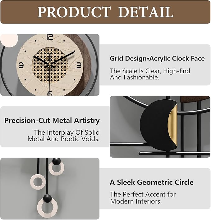 Decorative Wall Clock for Living Room Battery Operated Large Unique Modern Wall Clocks for Living Room &Bedroom Brown Checkered Pattern 27"*12"