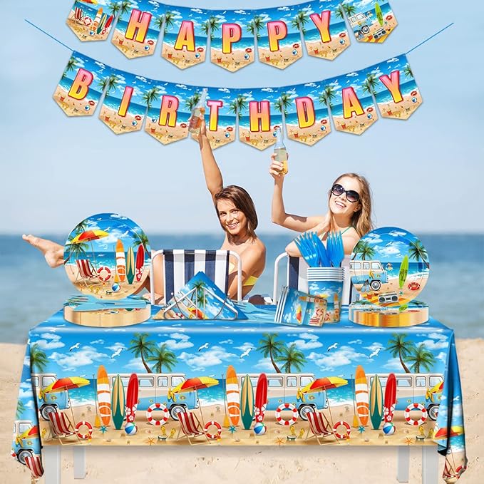 Beach Birthday Party Supplies - 142PCS Hawaiian Pool Party Decoration Including Beach Dinner Plates,Tablecloth for Summer Beach Tropical Baby Shower Birthday Decoration