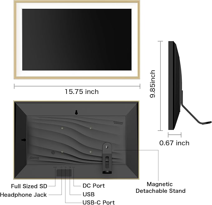 Digital Picture Frame, 15.6 inch Large Digital Photo Frame WiFi, 32GB Capacity, 1920 * 1080 IPS FHD Touch Screen, Electronic Frame Slideshow, Tabletop&Wall-Mounted, Gifts for Mom, Women, Golden
