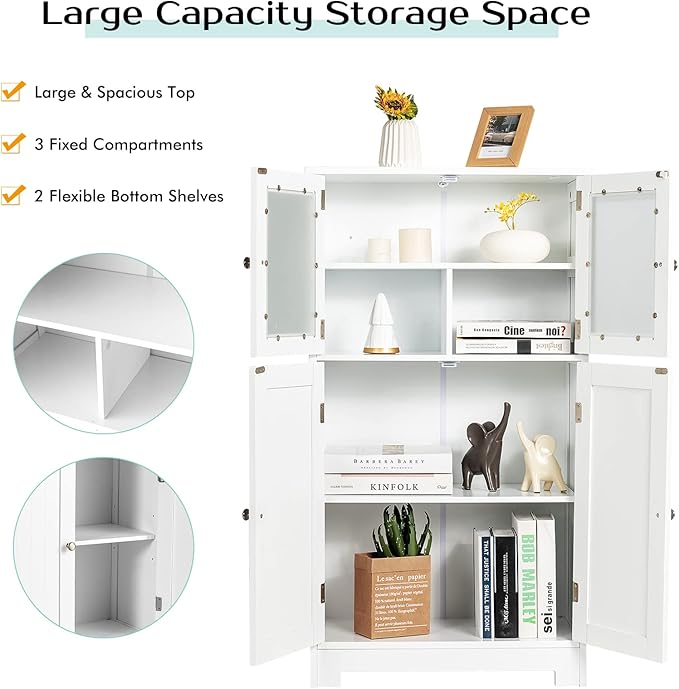 GOFLAME Bathroom Storage Cabinet, Freestanding Storage Cabinet with 4 Doors, Wooden Kitchen Cupboard with Adjustable Shelf, Buffet Sideboard, Multipurpose Home Organizer for Bathroom, Kitchen, White