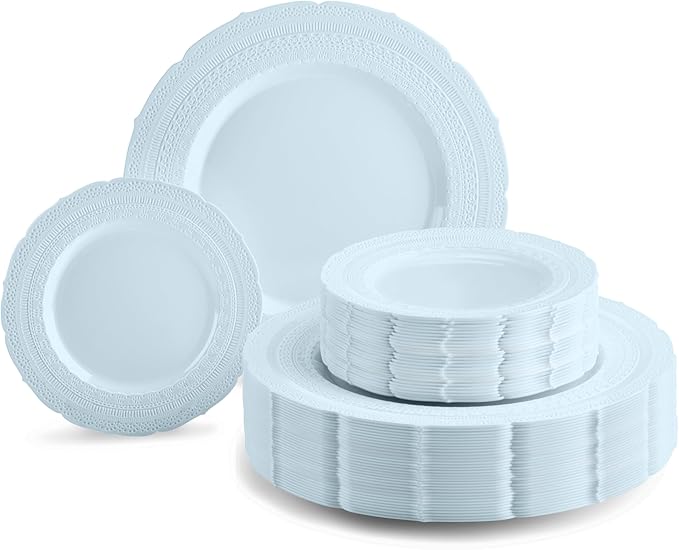 " OCCASIONS " 240 Plates Pack,(120 Guests) Extra Heavyweight Vintage Wedding Disposable/Reusable Plastic Plates 120x11'' Dinner + 120x8.25'' Salad/Dessert Plate (Chateau Blue)