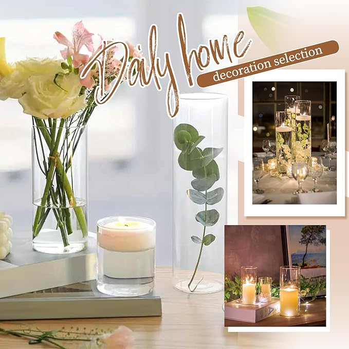 6 Pack Glass Cylinder Vases 10 Inch Tall Clear Flower Vase Bulk Glass Vases Hurricane Floating Candle Holder for Table Centerpiece Party Wedding Home Decor