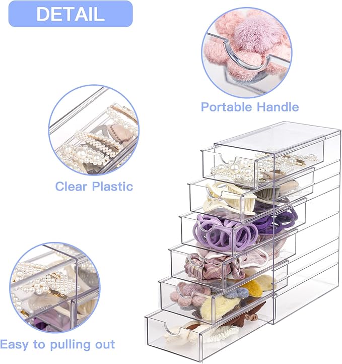 FABROK Clear Hair Accessory Organizer Box with 6 Drawers, Compact Storage Organization Drawers Set for Cosmetics, Glasses, Stationery, Stackable Storage Containers Box for Bathroom, Closet, Office