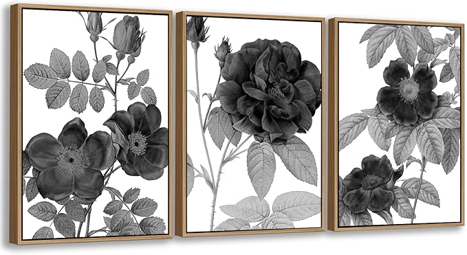 Large Framed Canvas Wall Art - Natural Float Framed Black Gray Flowers Pictures Decor Simple Blossom Leaves Botanical Artwork for Living Room Bedroom Kitchen Home Office Decoration 60" X 28" Set of 3