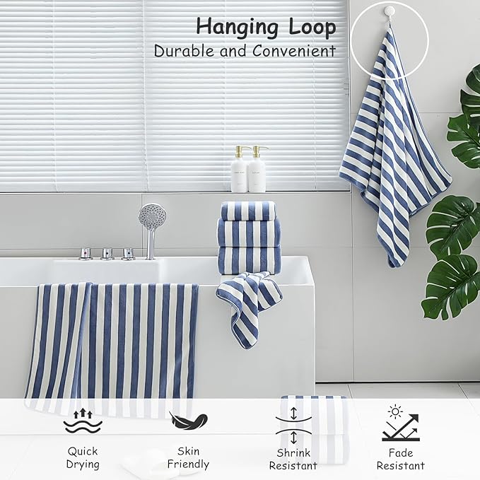 18 Pcs Blue White Stripe Family Towels Set with Hanging Loop-6 Bath Sheets,6 Hand Towels,6 Washcloths Ultra Soft Bathroom Towel Highly Absorbent Quick Dry Shower Towel for Beach Chair,Spa,Gym,Hotel