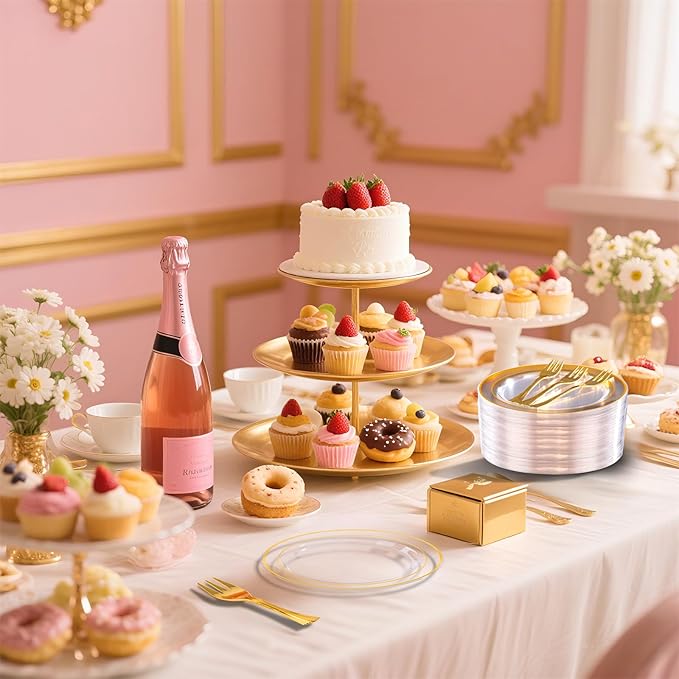 DaYammi 240Pcs Appetizer Plates Include 120Pcs Gold Dessert Plates 6.3inch with 120Pcs Gold Plastic Forks 5.7inch,Clear gold plates Disposable Salad Plate for Party Cake Plate for Wedding