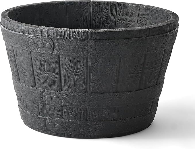 ARBORA 16" Whiskey Barrel Polyresin Indoor and Outdoor Planter with Textured Wood Finish - Durable, Weatherproof, Lightweight, Large Plant Pot for Patio, Garden, Deck, Entryway