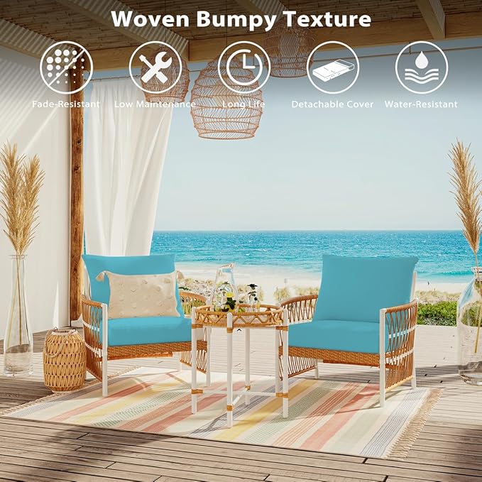 Sundale Outdoor Olefin Deep Seat Cushion Set of 2, Patio Chair Cushion and Pillow, Water-Resistant Sectional Sofa Pad with Straps Teal, 24 x 24 x 4 Inches