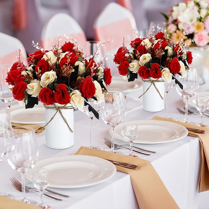 Domensi 12 Sets Wedding Centerpiece for Table Artificial Rose with Vase Fake Bouquets and Metal Pot Floral Arrangements for Holiday Party Event Table Decor (Red,Champagne)