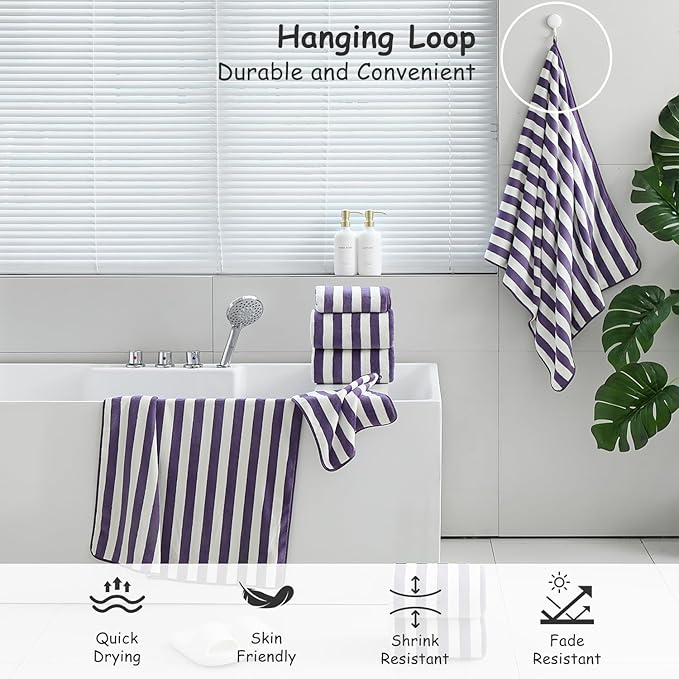 18 Pcs Purple Cabana Stripe Family Towels Set with Hanging Loop-6 Bath Sheets,6 Hand Towels,6 Washcloths Ultra Soft Bathroom Towel Highly Absorbent Quick Dry Shower Towel for Beach Chair,Spa,Gym,Hotel