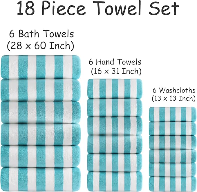 18 Pcs Turquoise Cabana Stripe Family Towels Set with Hanging Loop-6 Bath Sheets,6 Hand Towels,6 Washcloths Soft Bathroom Towel Highly Absorbent Quick Dry Shower Towel for Beach Chair,Spa,Gym,Hotel