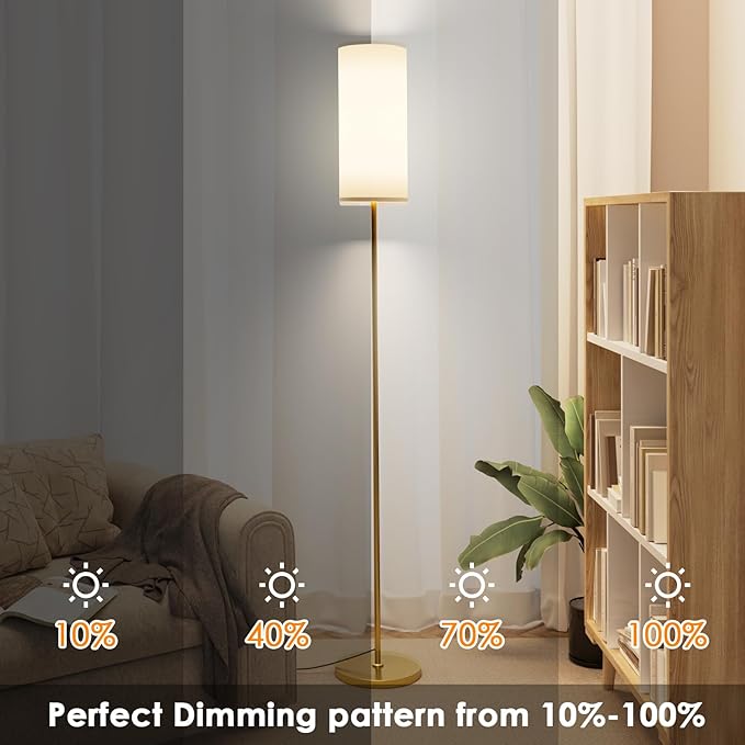 Floor Lamp for Living Room, Modern Standing lamp with Remote Control, Stepless Dimmable 9W Bulb & Beige Lampshade Included, Gold Pole Tall Floor Lamp for Bedroom Office