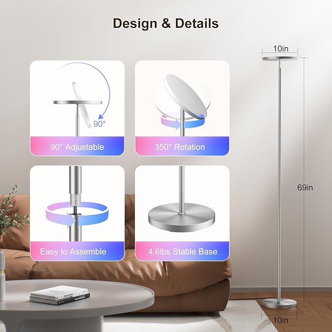 𝐑𝐆𝐁 Torchiere Floor Lamps for Living Room, 32W/3200LM Bright LED Standing Lamp with Remote, Modern Color Changing Tall Lamp with Stepless Dimming, 69" Corner Floor Lamp for Bedroom, Office