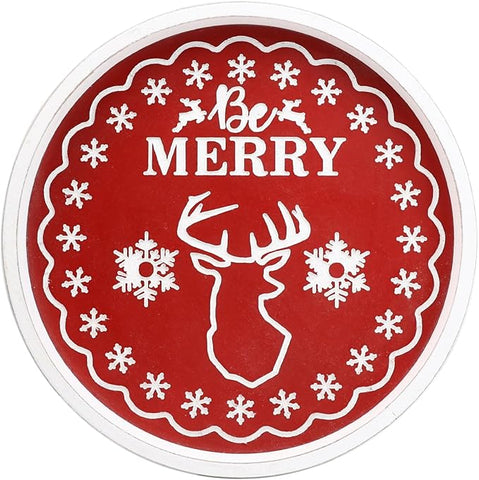 Christmas Reindeer Wood Decorative Ottoman Tray for Coffee Table Kitchen Counter, Living Room, Round Handcrafted Red Wooden Serving Tray for Table Centerpiece